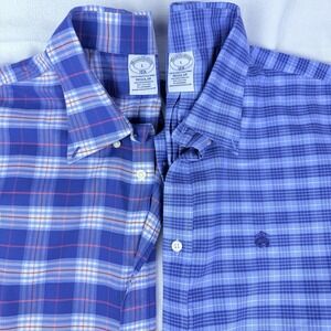 2 Brooks Brothers Mens L 1818  Polo Short Sleeve Blue Windowpane Overcheck